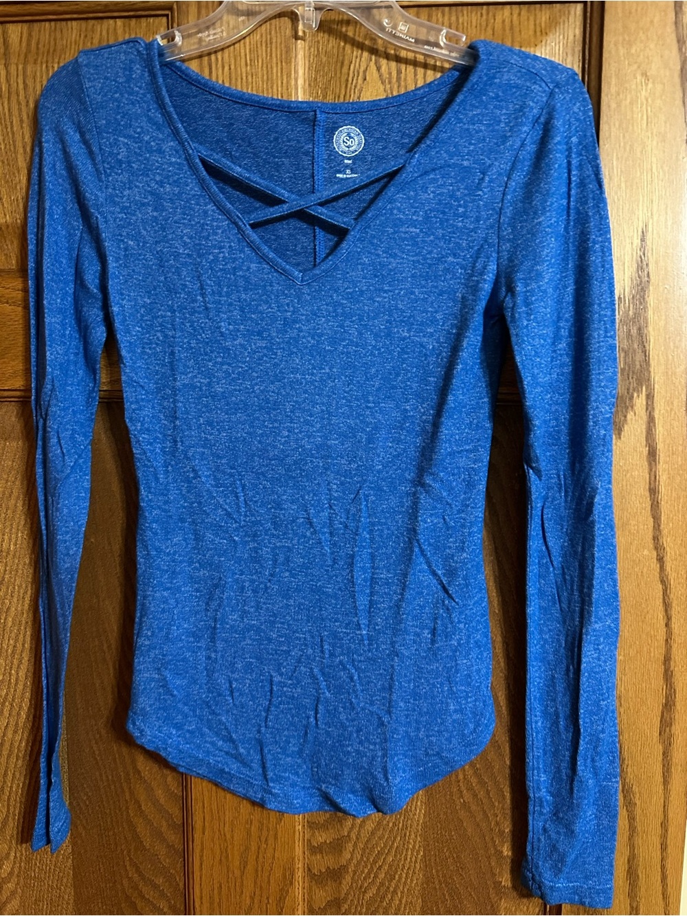 SO Blue Crisscross V-Neck Long Sleeve Top